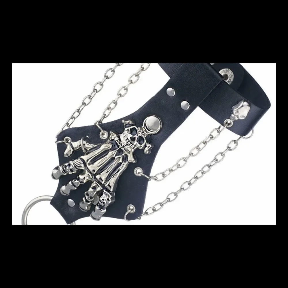 Unisex skeleton skull hand glove chain link leather with finger hold .